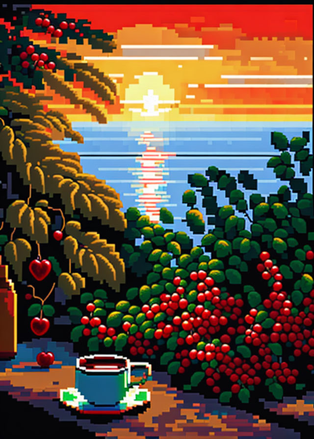 Vibrant sunset pixel art with tropical sea view and coffee theme