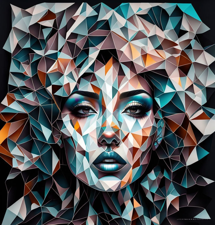 Geometric mosaic portrait of a woman with blue eyes and full lips