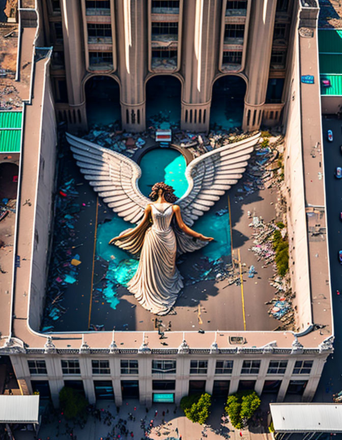 Building with Large Angel Sculpture Surrounded by People and Debris