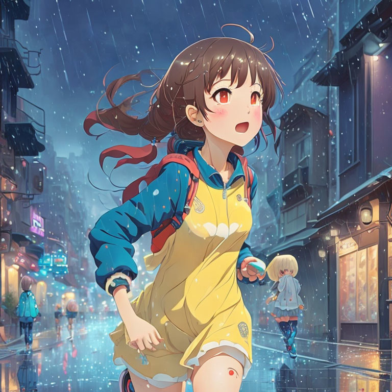 Animated girl in yellow dress runs through rain-soaked city street at night