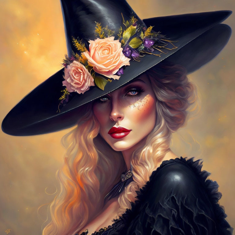 Blonde-haired fantasy witch with floral hat and dramatic makeup