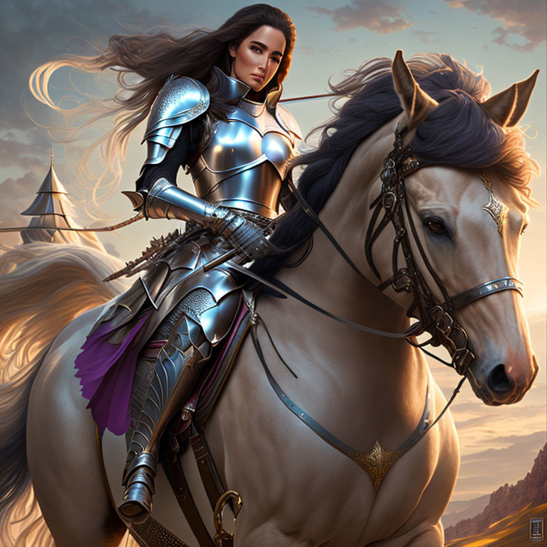 Female warrior in silver armor on horse in fantasy landscape