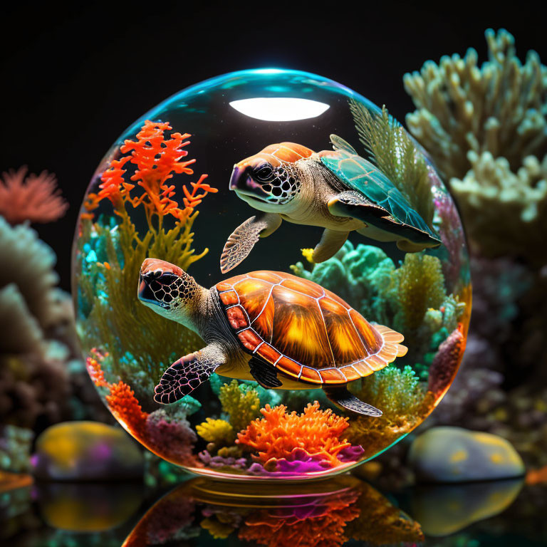 Glass Sphere with Miniature Underwater Scene Featuring Sea Turtles and Coral Reefs