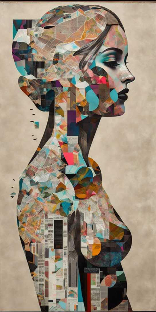 Profile of Woman Collage with Geometric Shapes and Newspaper Clippings