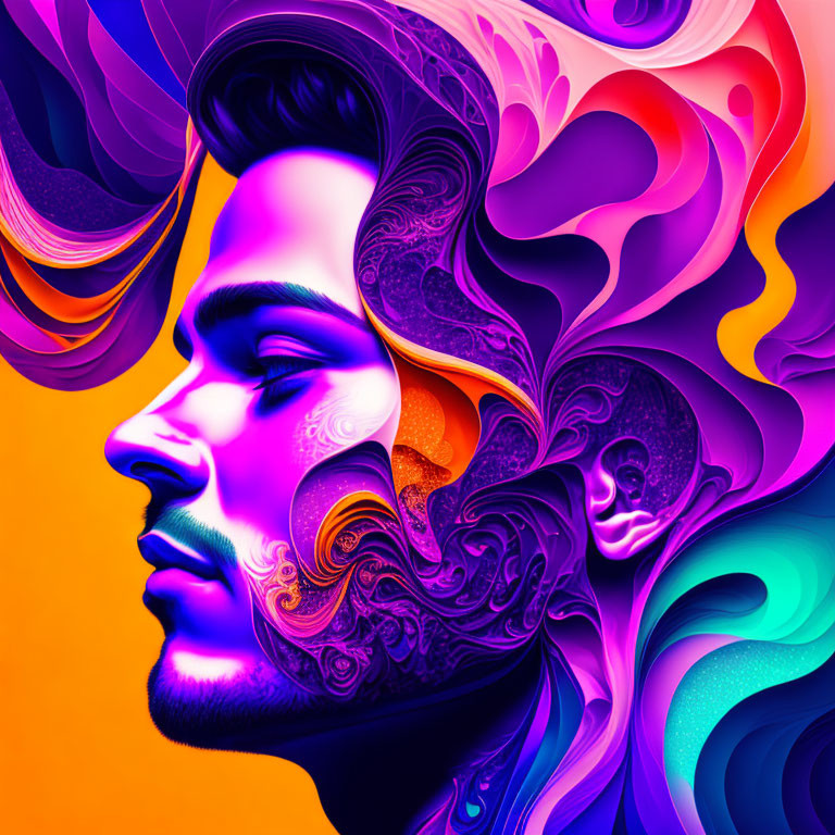 Colorful Paisley Patterns Flowing from Man's Profile in Digital Art