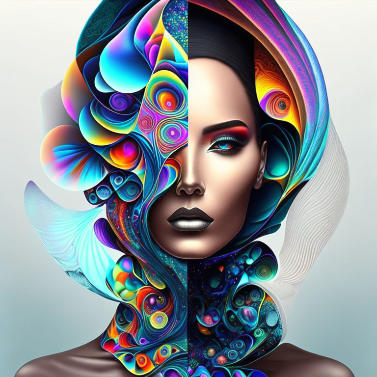 Vibrant digital artwork of woman with psychedelic headdress