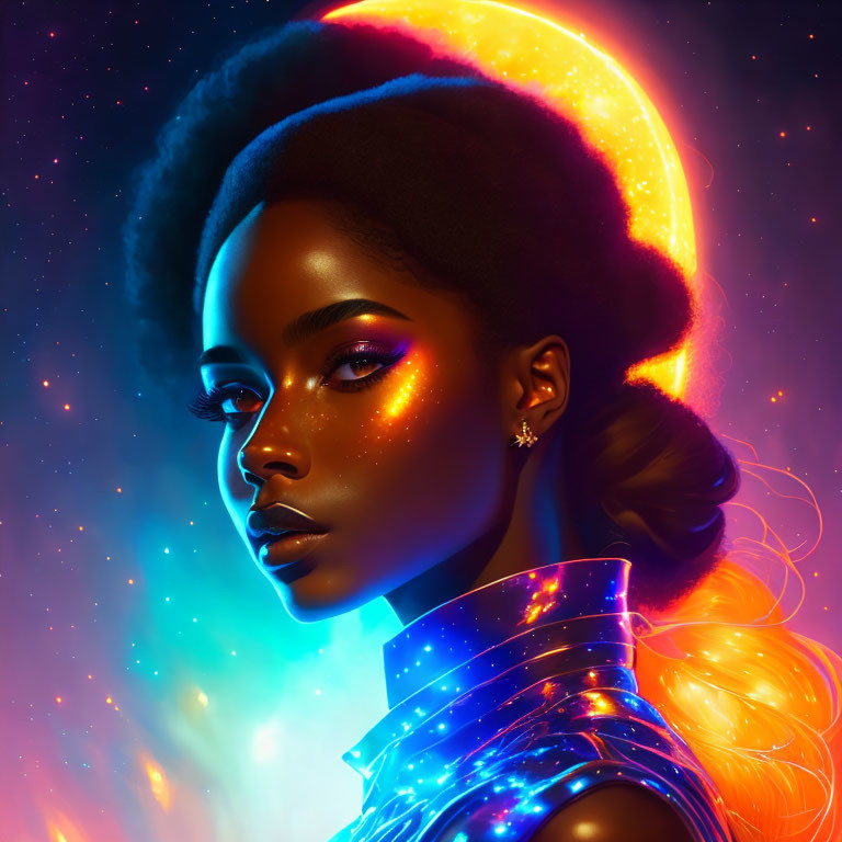 Woman with Afro and Cosmic Background: Glowing Skin and Fashion Fusion