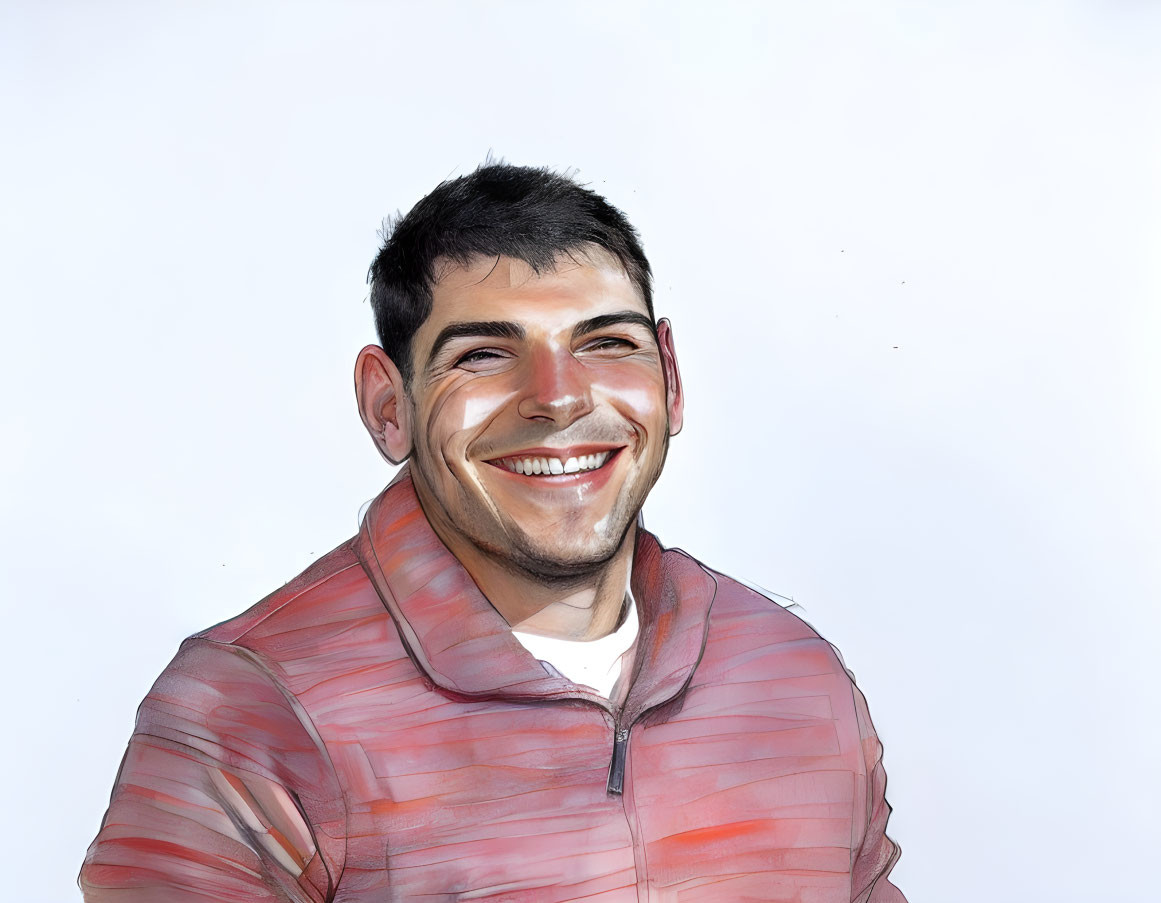 Smiling man with short dark hair in red vest on light background