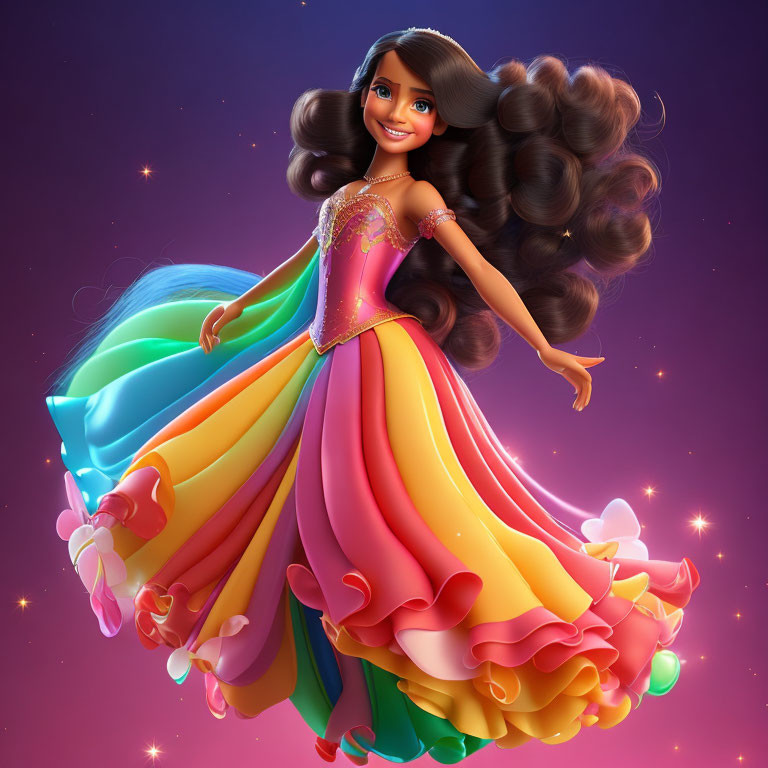 Voluminous Curly-Haired Character in Multicolored Gown on Magenta Background