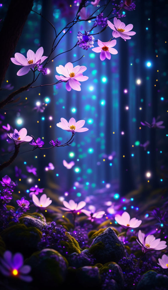 Mystical forest scene with purple flowers and ethereal blue light rays