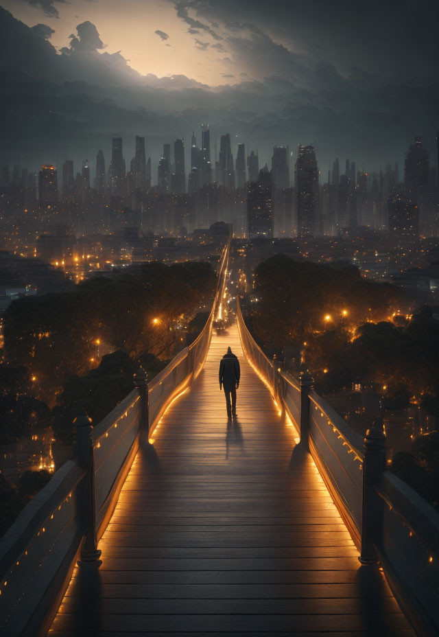 Solitary figure walking on well-lit bridge towards foggy cityscape at dusk