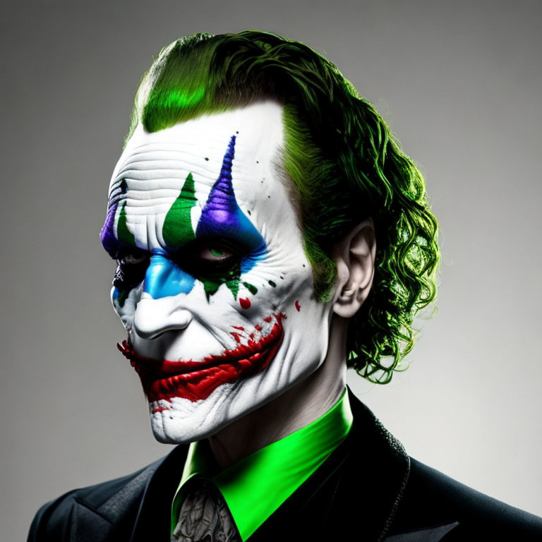 Sinister smile Joker makeup, green hair, black suit portrait