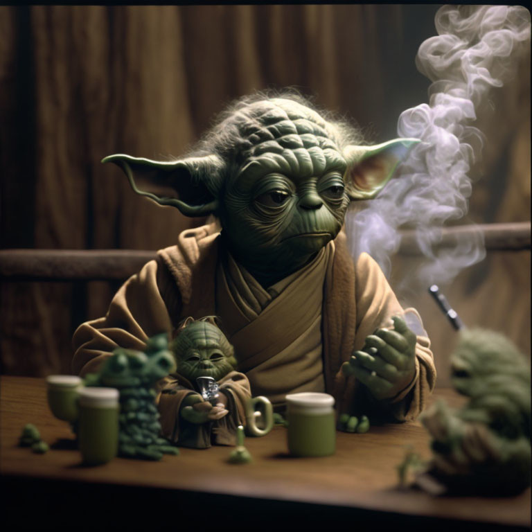 Realistic Yoda model with miniature figure at table in dimly lit scene