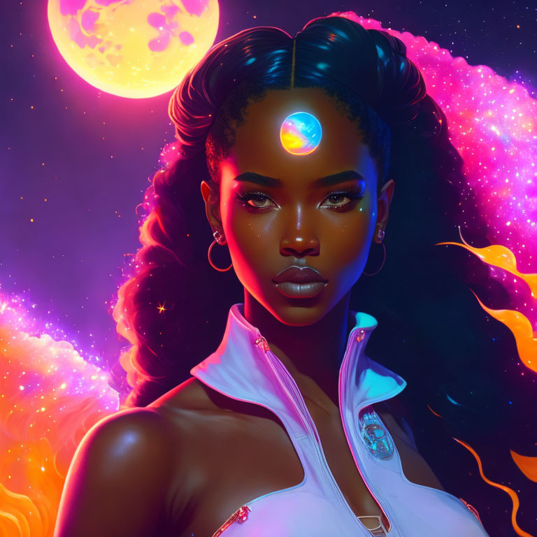 Digital artwork: Woman with glowing gem, cosmic background, moon, nebulas