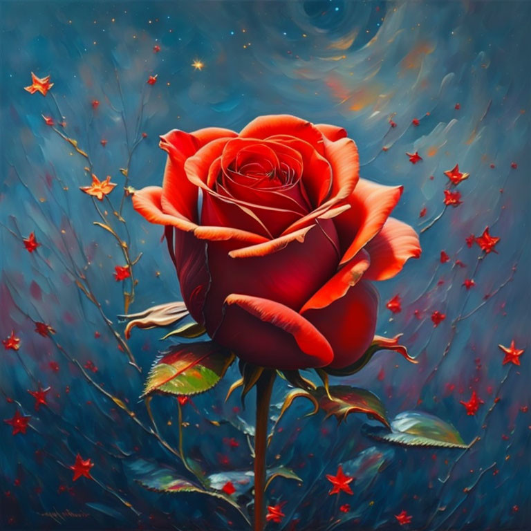 Detailed Red Rose Against Swirling Blue Background