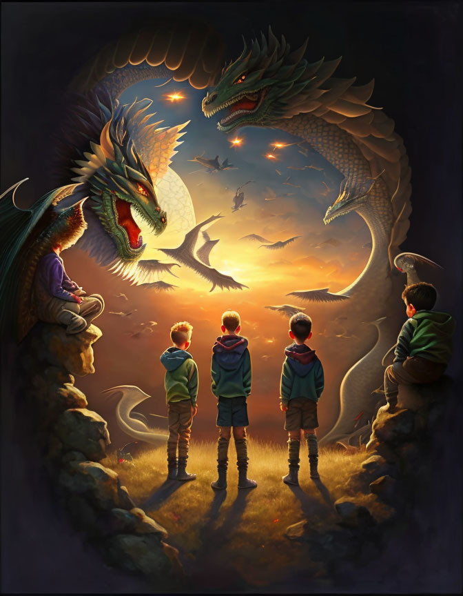 Children observing fantastical dragon scene with glowing backdrop