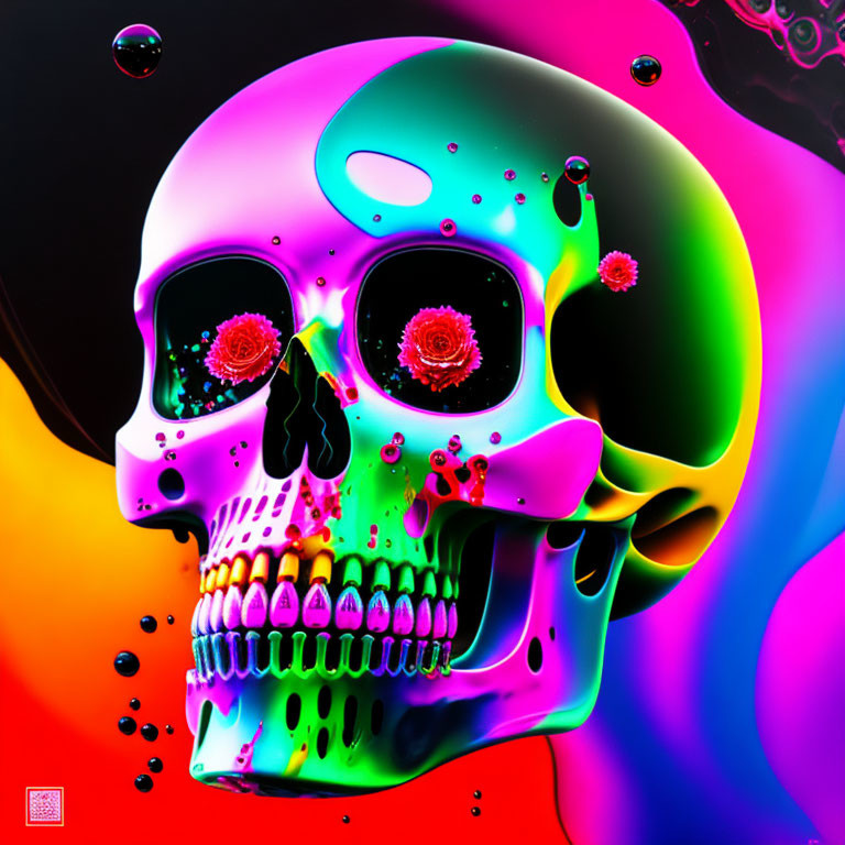 Colorful neon skull with rose-like eyes in psychedelic liquid backdrop