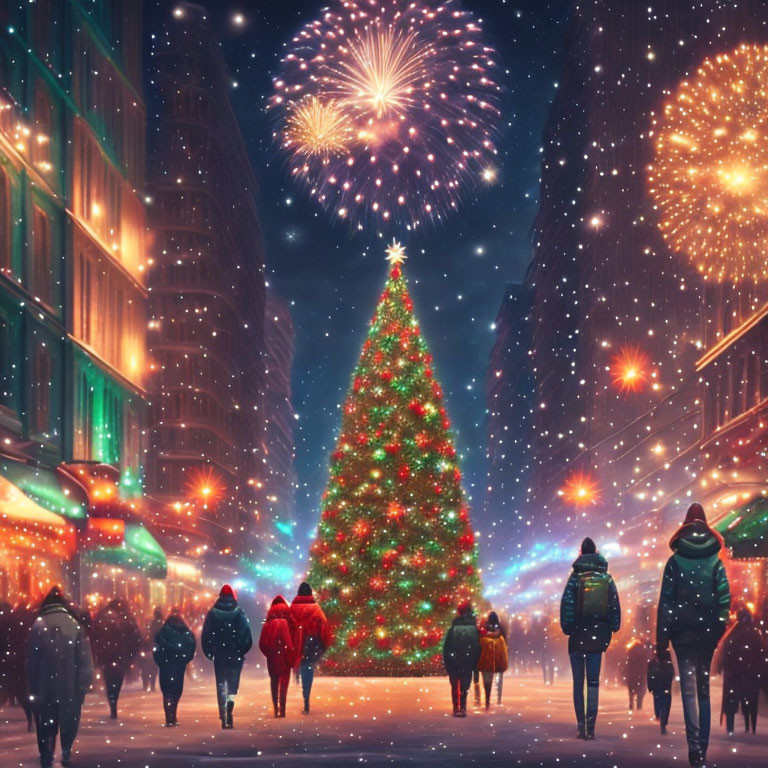 City scene with people near Christmas tree and fireworks in snowy sky