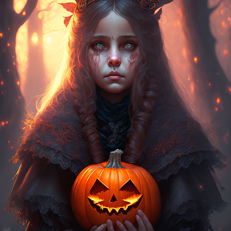 Girl with braided hair holding jack-o'-lantern in mystical forest