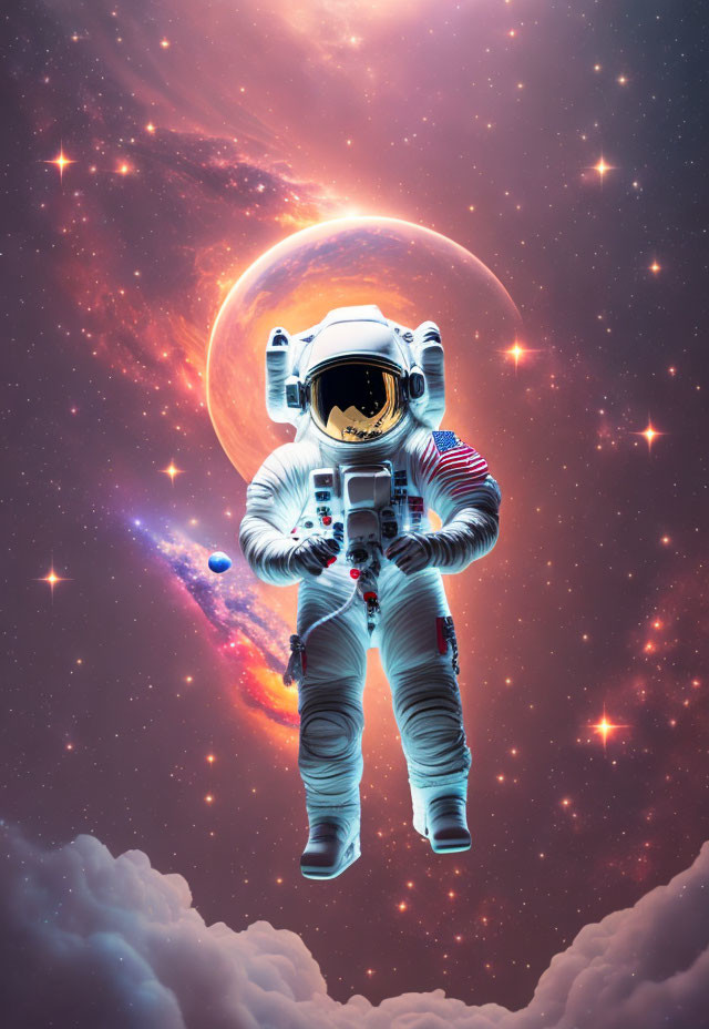 Astronaut floating in space with vibrant nebula and stars