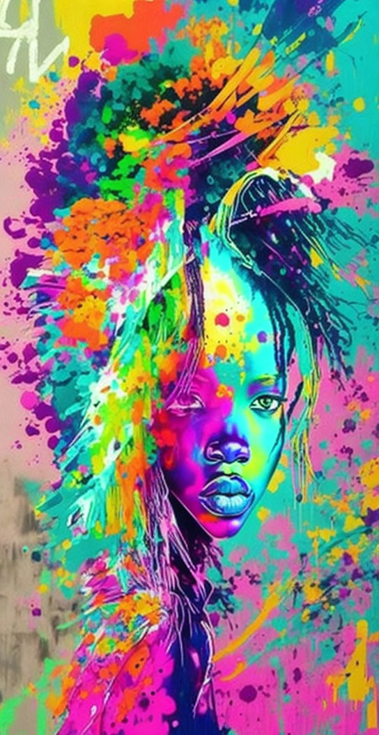 Colorful Portrait of Woman with Neon Paint Splashes on Graffiti Background