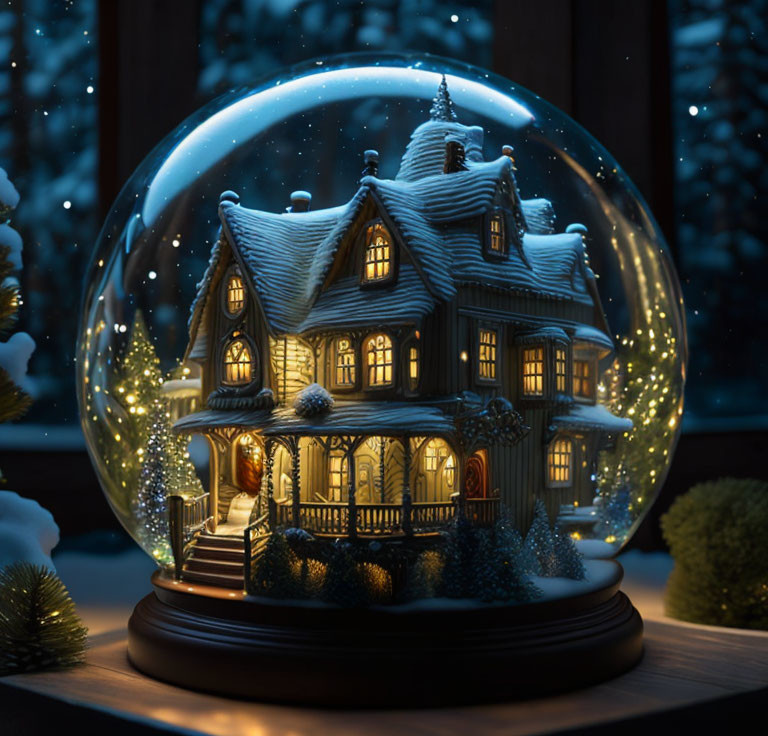 Snow Globe with Illuminated Miniature House in Winter Scene