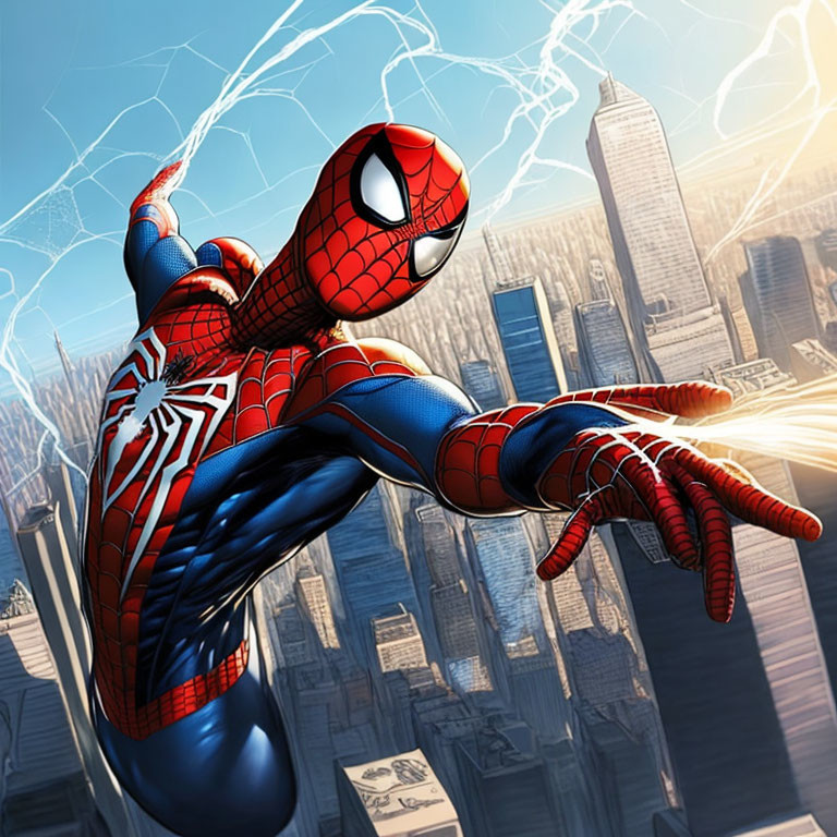 Superhero swinging in bright cityscape with skyscrapers and clear sky