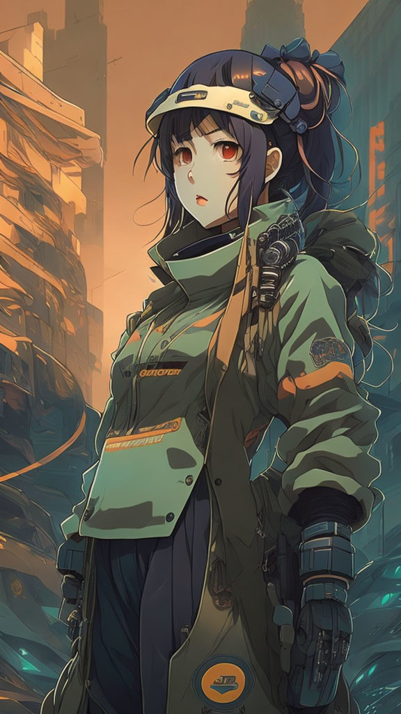 Futuristic anime character in military gear with helmet, headphones, and dark hair amid urban backdrop