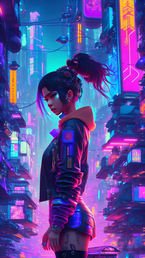 Futuristic woman with cybernetic enhancements in neon-lit cityscape