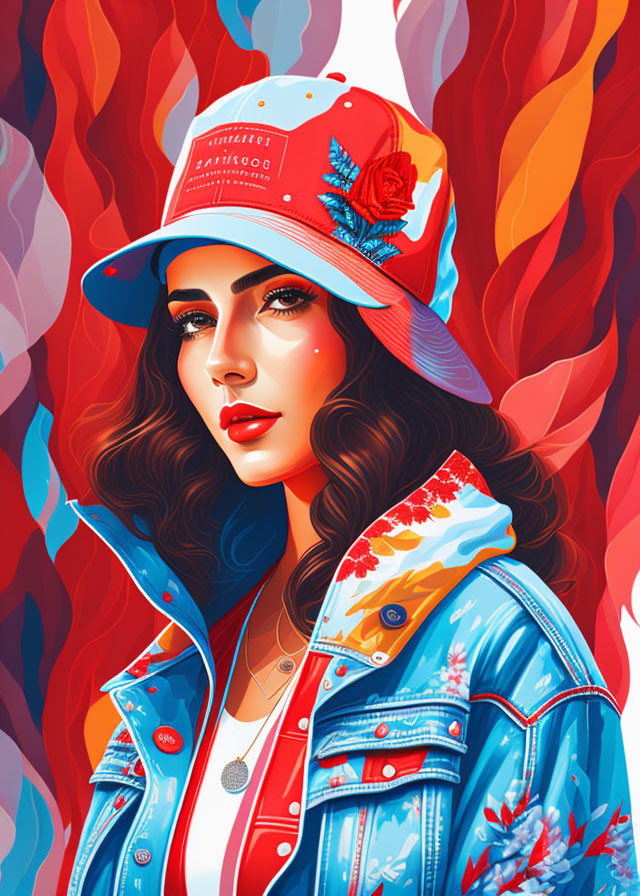 Digital illustration: Woman in red cap and floral denim jacket on fiery abstract backdrop