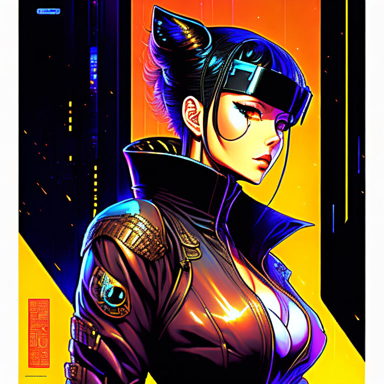 Futuristic female character with cat ears and cybernetic arm in neon-lit city