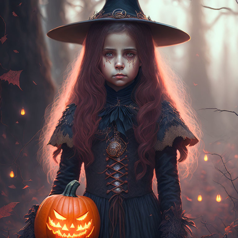 Young girl in witch costume with jack-o'-lantern in misty autumn forest