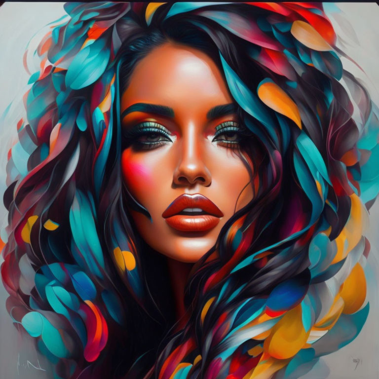 Vibrant digital portrait of a woman with colorful hair