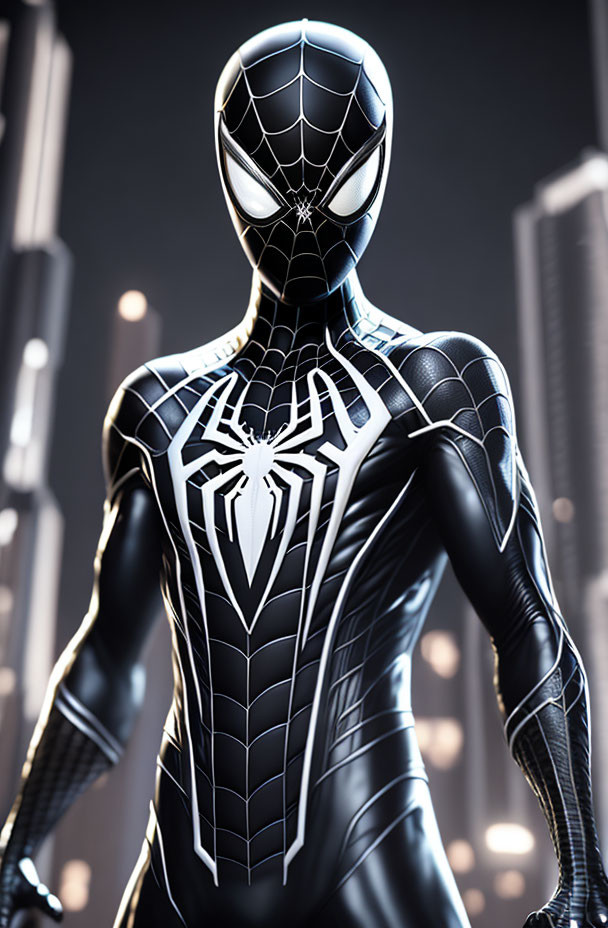 Detailed Spider-Man Costume Against City Skyline Background