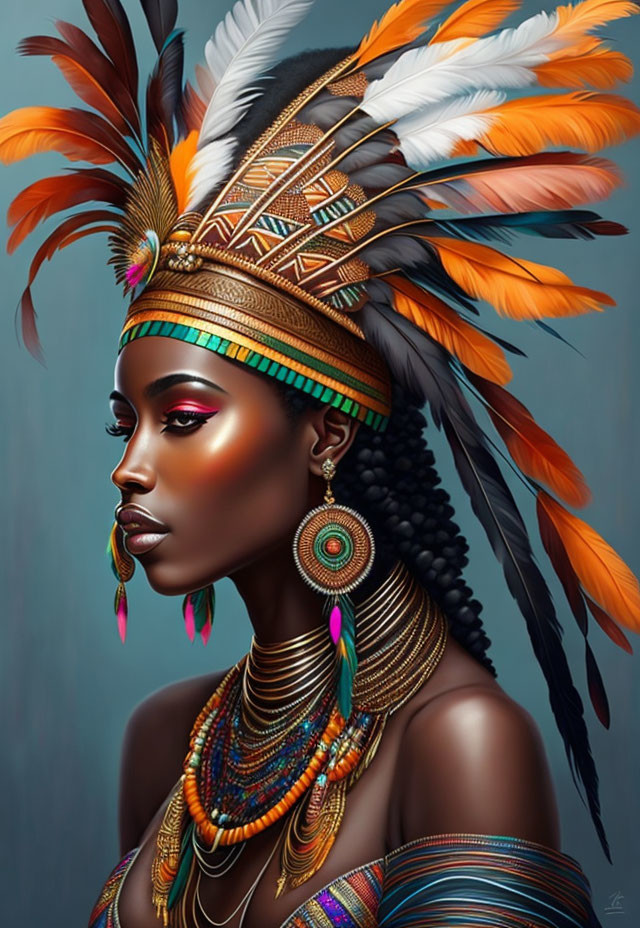 Digital artwork featuring woman with feathered headdress and vibrant colors