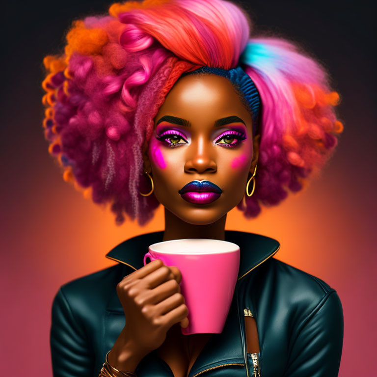 Vibrant multicolored hair woman with pink cup on brown background.