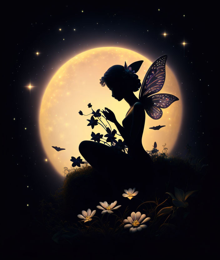 Fairy silhouette with butterfly wings in moonlit night