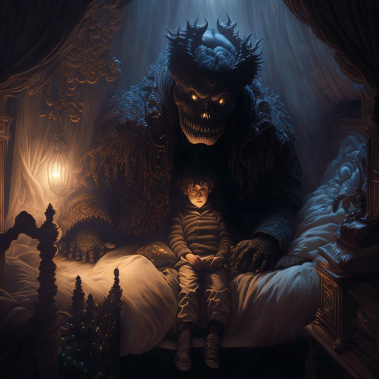 Child sitting on bed with fantastical creature looming behind in dim light