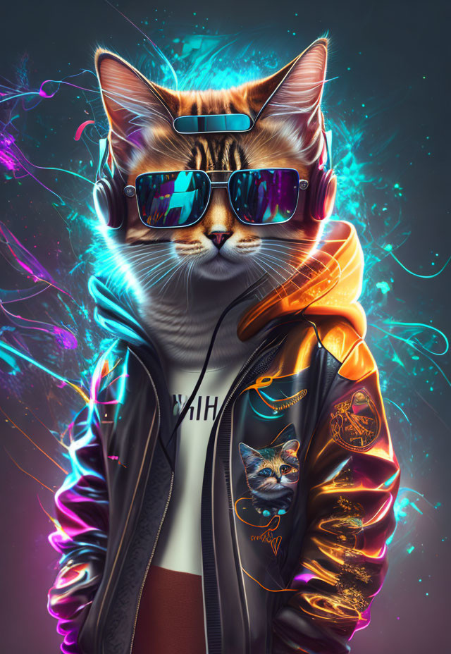 Stylized cat in neon colors with sunglasses and cool jacket