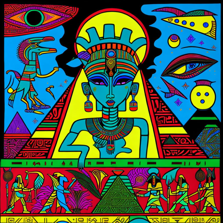 Colorful Ancient Egyptian-themed pop-art illustration with Cleopatra figure, hieroglyphics, Eye