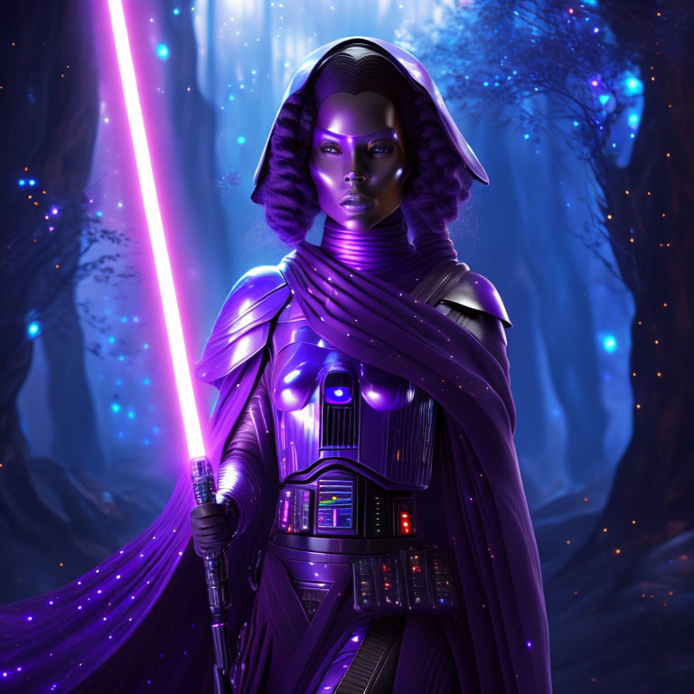 Purple-Skinned Character in Dark Robes Wields Magenta Lightsaber in Mystical Forest