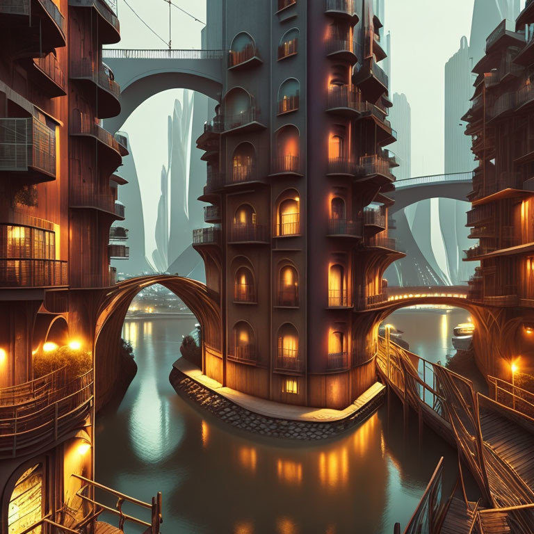 Futuristic cityscape with circular buildings and bridges at dusk