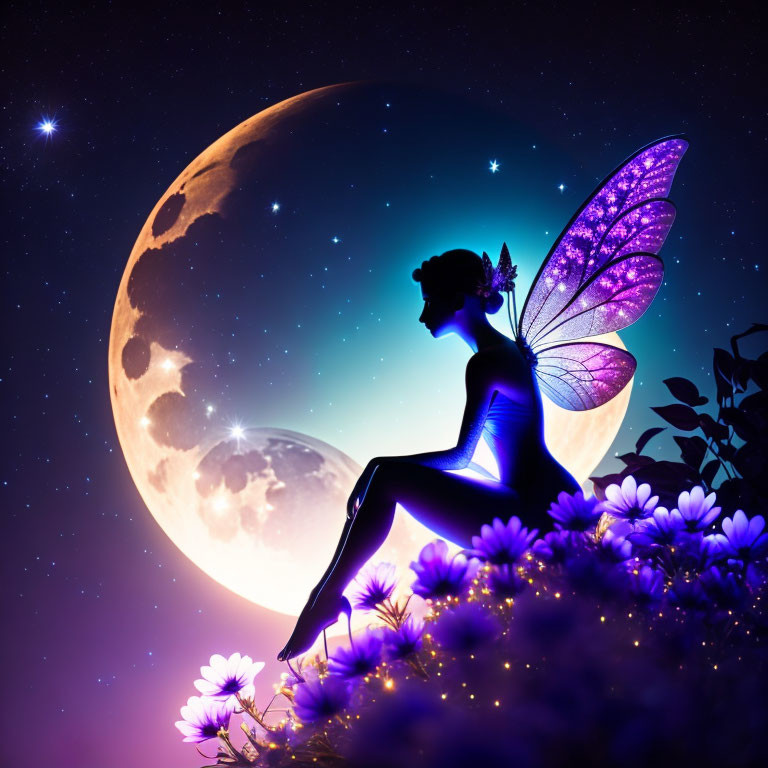 Silhouette of fairy with glowing wings on flowers under starry night sky