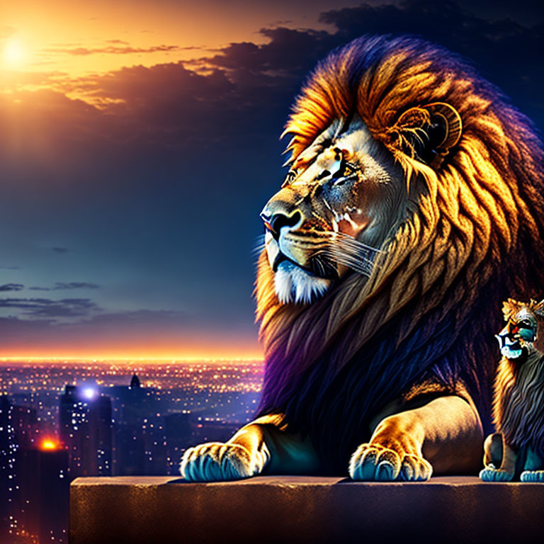 Majestic lion with starry mane overlooking city at sunset