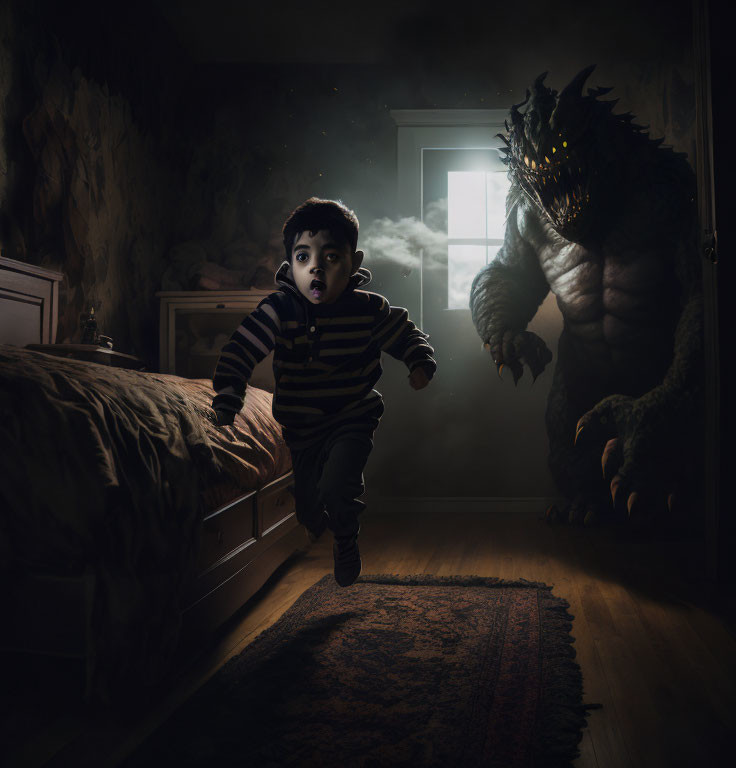 Young boy fleeing from fiery-eyed monster in dark bedroom.