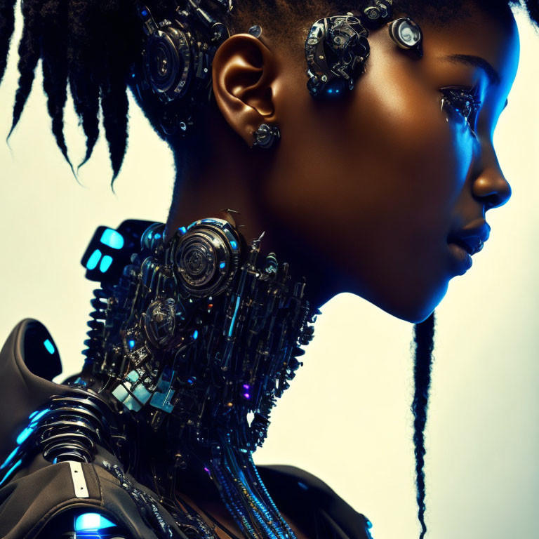 Profile of a person with cybernetic enhancements on blue-lit background