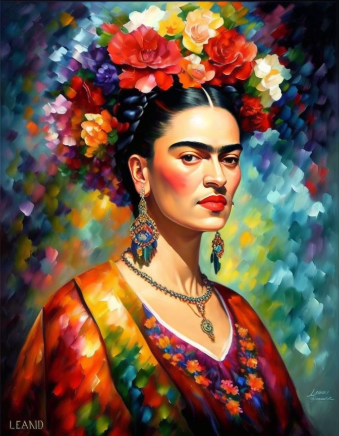 Vibrant portrait of a woman with floral crown and traditional earrings