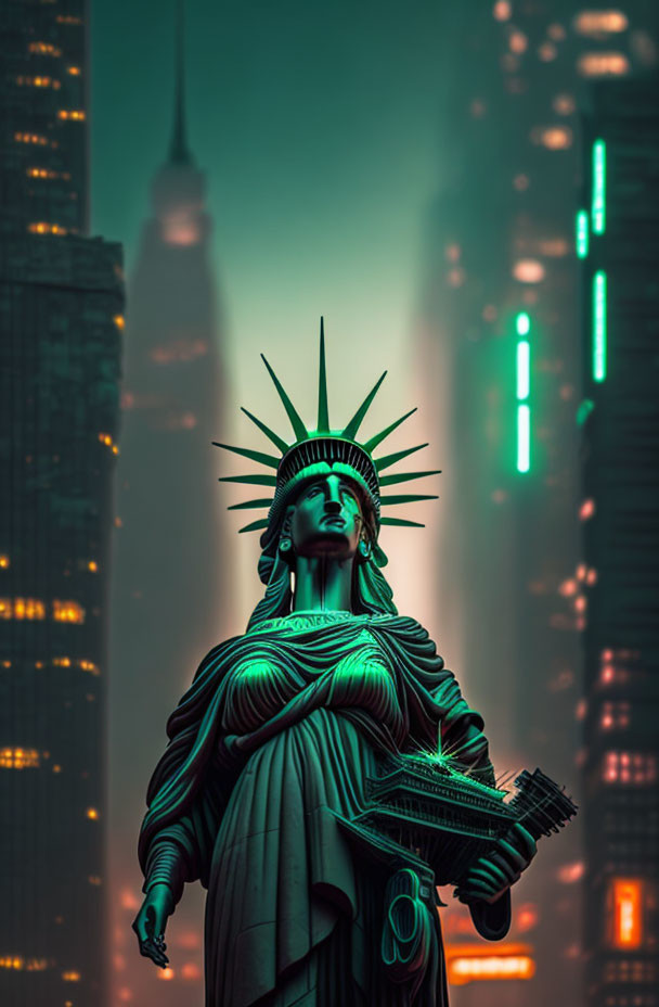 Cyberpunk-style Statue of Liberty with neon cityscape