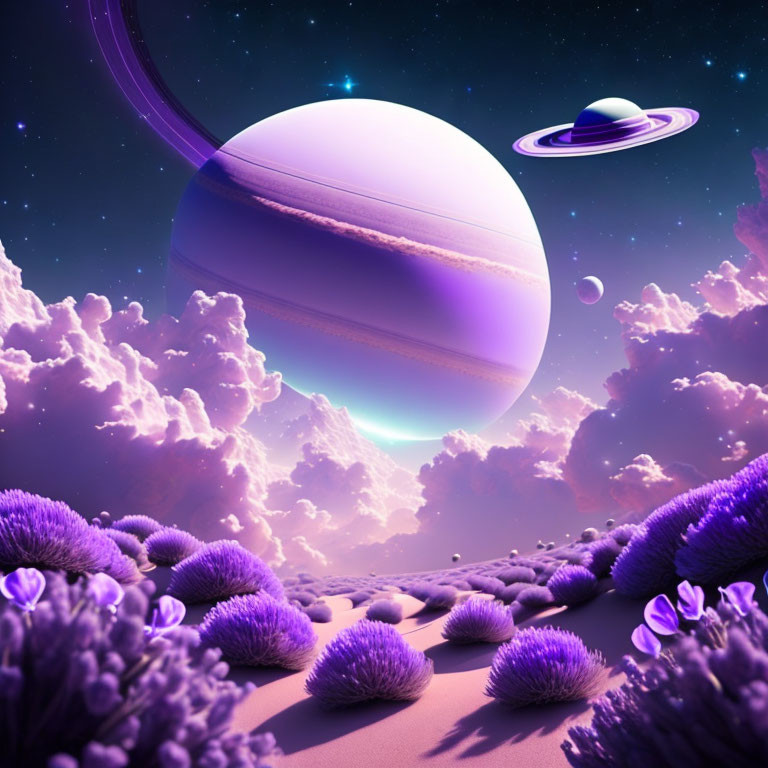 Vivid Sci-Fi Landscape with Saturn-like Planets and Purple Flora