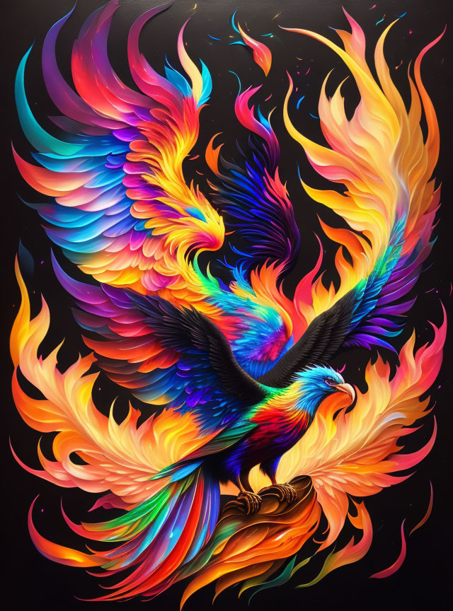 Colorful Phoenix Painting with Fiery Wings on Dark Background